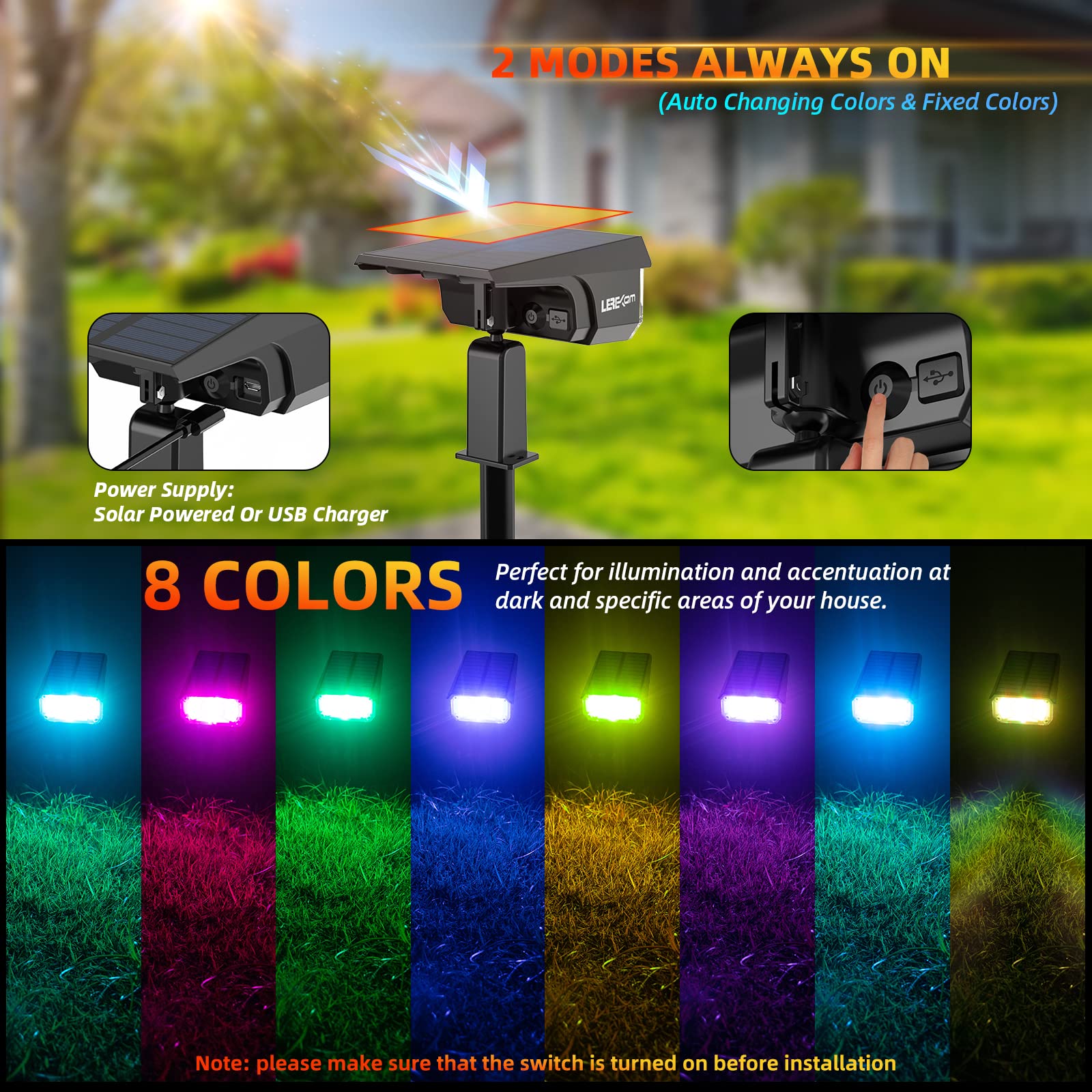 40 LED Solar Spotlights Outdoor - RGB Color Changing Landscape Path Lights with USB & Solar Power, 14 Auto-Cycling Colors for Yard, Garden, Patio, Walkway - Waterproof & Energy Efficient (2 Pack)