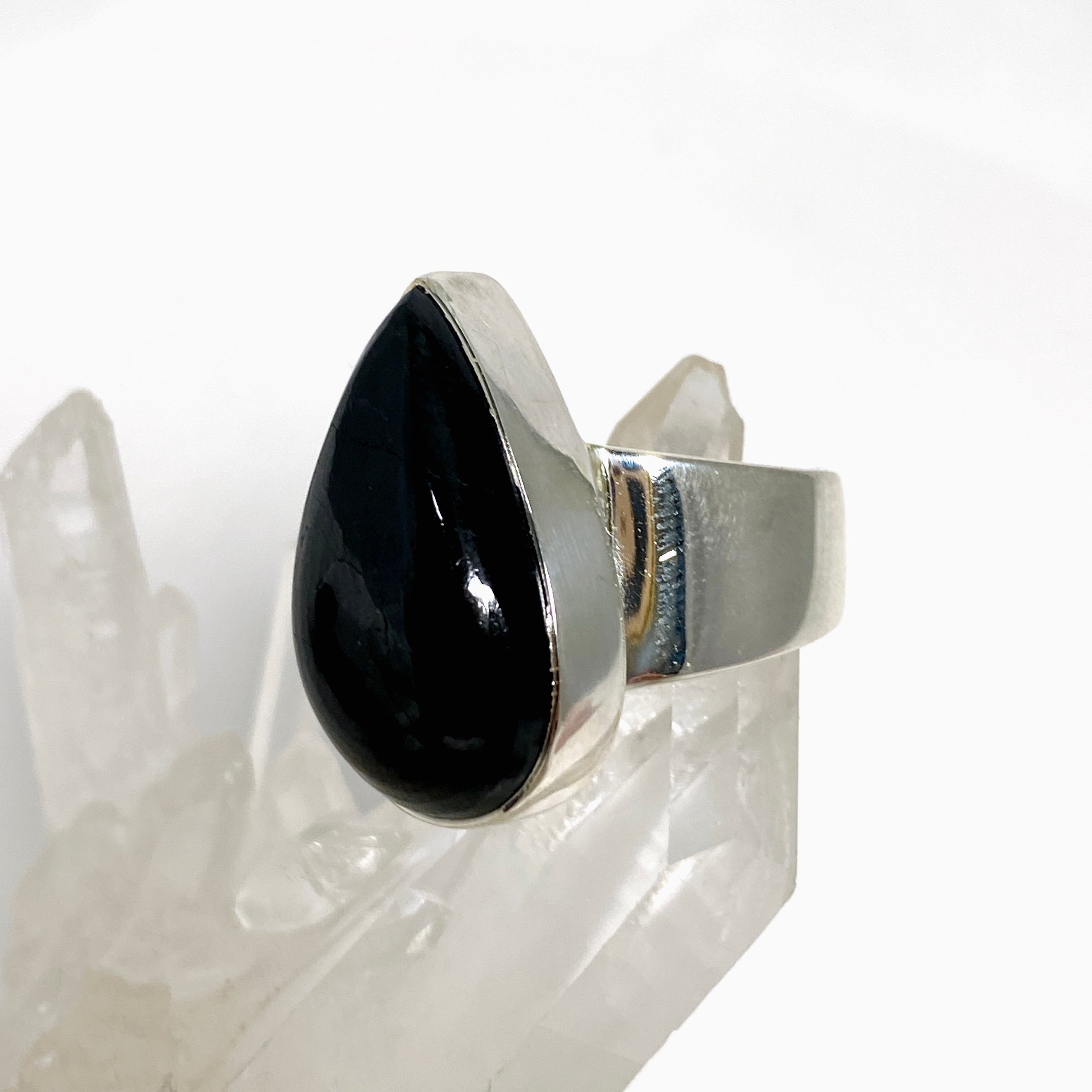 Black Tourmaline Teardrop Cabochon Ring Size 8 KRGJ3273 - Elegant Healing Crystal Jewelry for Women, Perfect for Meditation, Energy Protection & Everyday Wear