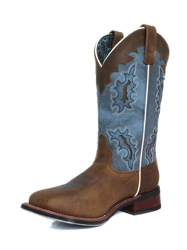 Laredo 5666 Women's Isla Square Toe Cowgirl Boots - Tan & Blue Western Boots for Country Dancing, Rodeo & Casual Wear