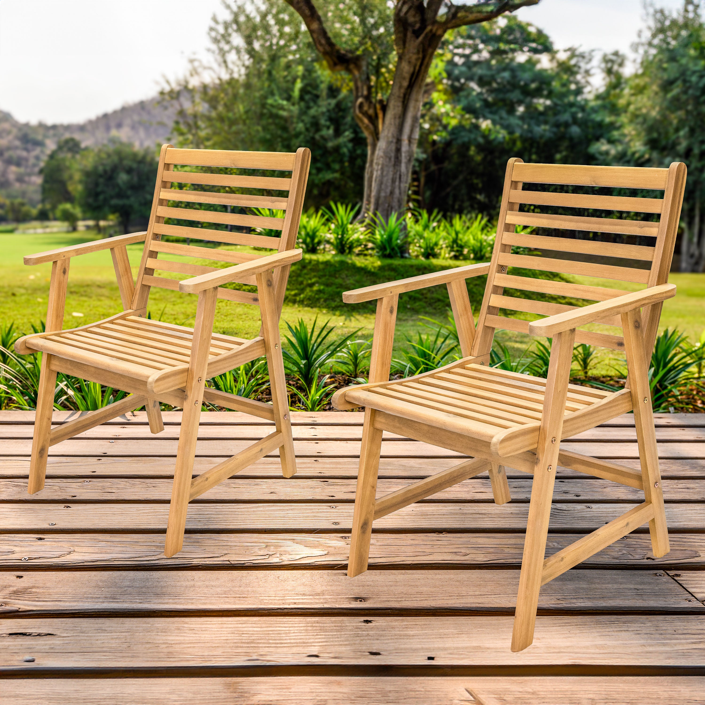 Premium Acacia Wood Outdoor Dining Chairs with Arms - Set of 2, Weather-Resistant Patio Furniture for Backyard, Deck, Garden & Poolside Dining