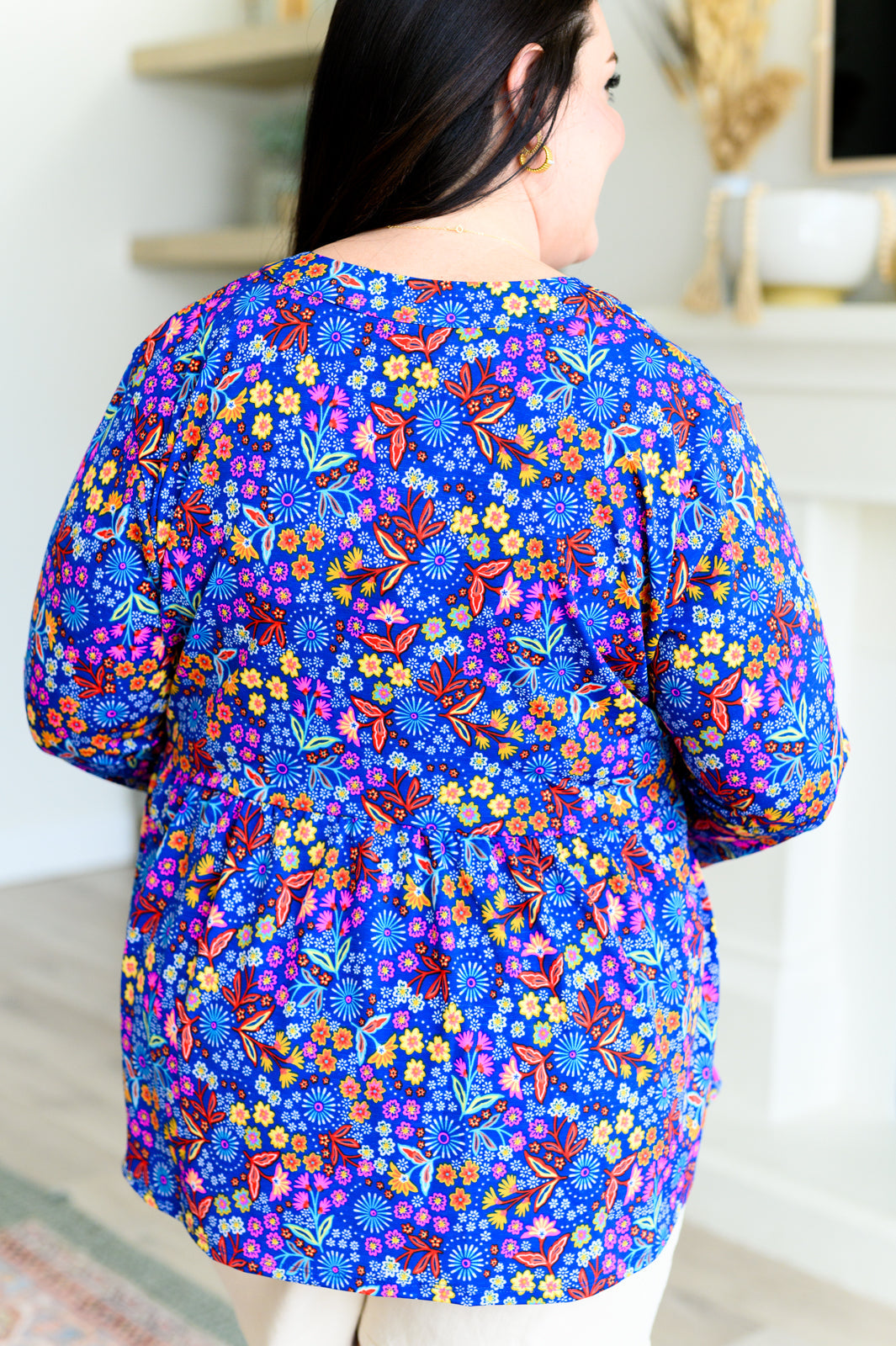 Lizzy Babydoll Top - Royal Retro Floral Print Women's Blouse for Casual Wear, Date Night & Summer Outfits