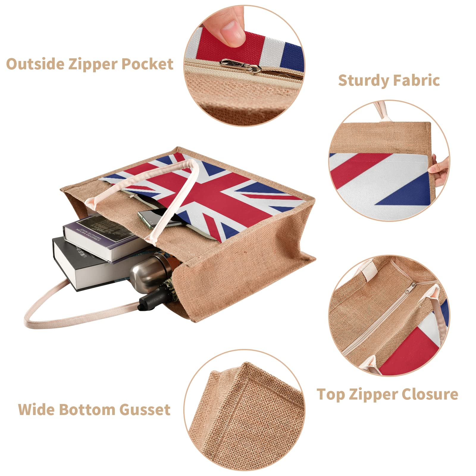 British Flag Jute Tote Bag for Women - Union Jack Pattern Grocery Shopping Bag with Handles - 14.2 x 12.6 x 7.1 Inches - Eco-Friendly Reusable Tote for Beach, Travel & Daily Use