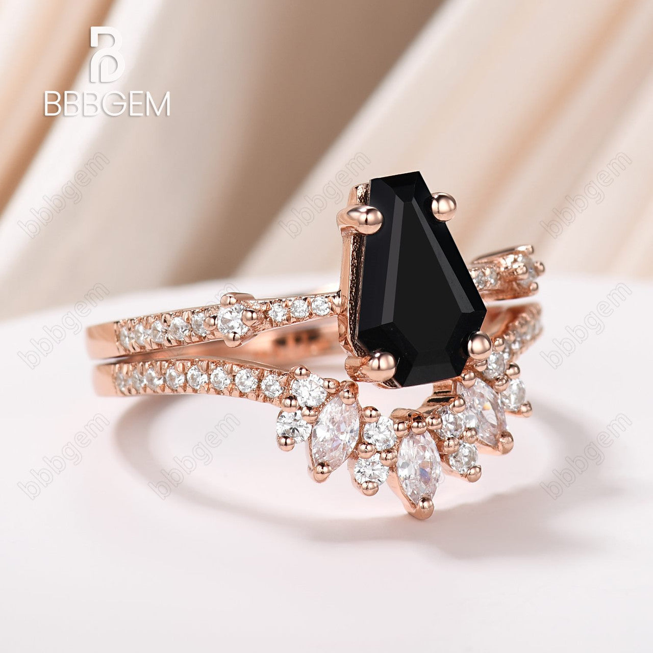 Unique Black Onyx Coffin Wedding Ring Set for Women - 14K Rose Gold Three-Stone Engagement Ring with Marquise Moissanite | Gothic Jewelry, Alternative Bridal Ring, Dark Romance Wedding Band