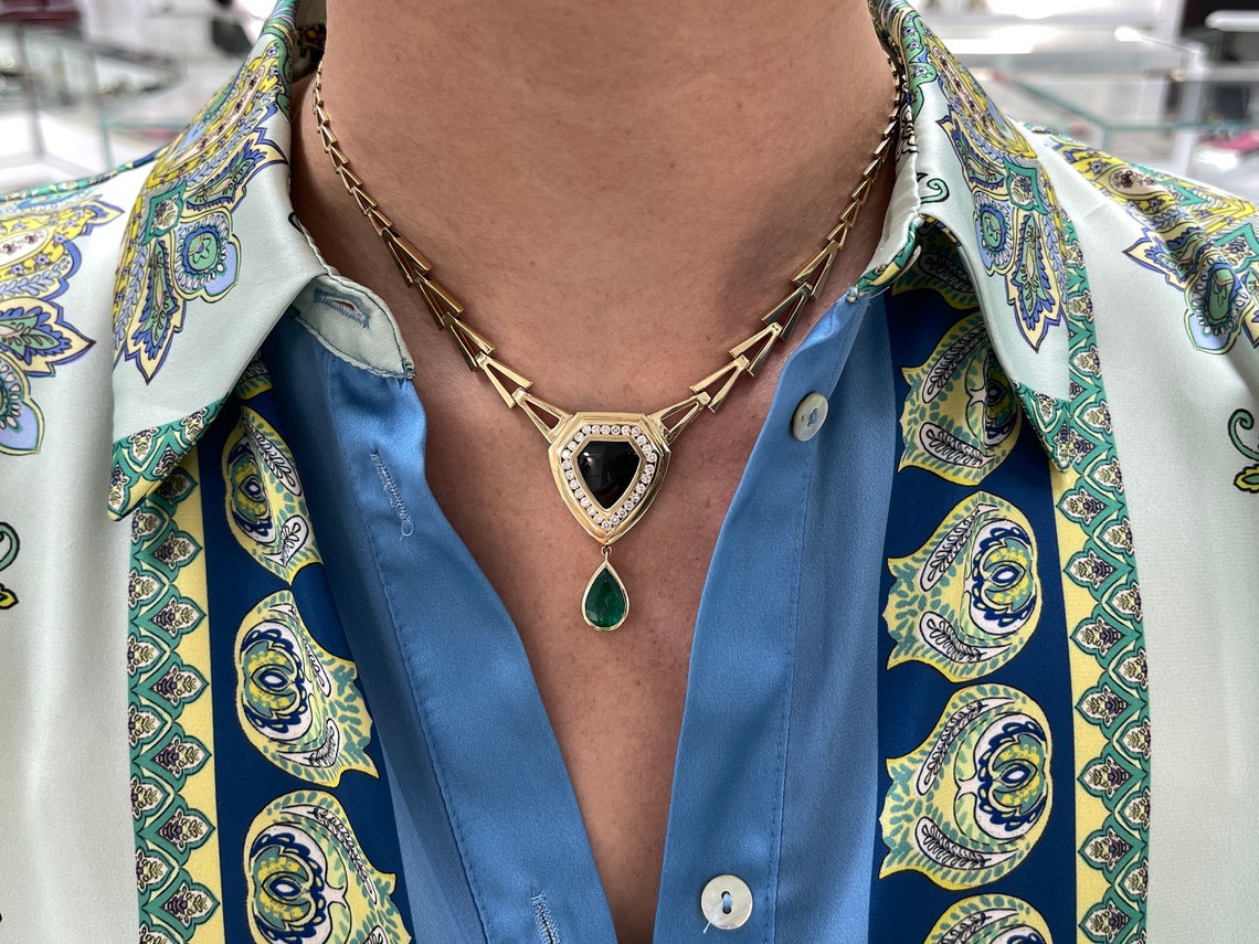 8.04tcw Solid 14K Yellow Gold Natural Dark Green Emerald Diamond & Onyx Necklace - Elegant Jewelry for Women, Perfect for Weddings, Anniversaries & Special Occasions