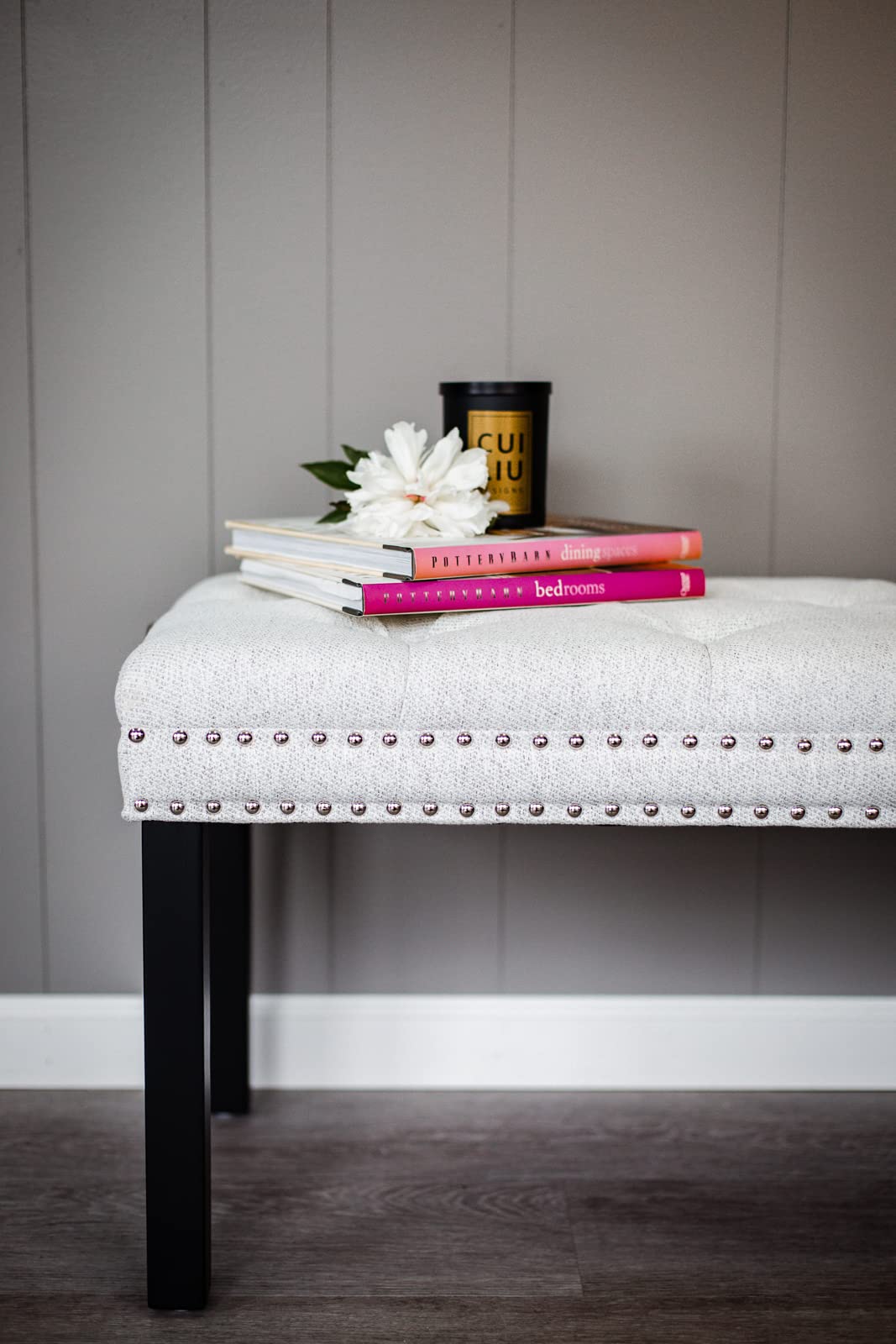 Cora Upholstered Tufted Bench - Dining Bench & Bedroom Seat with Silver Nailhead Trim, Cream Fabric - Perfect for Living Room, Hallway or End of Bed Decor
