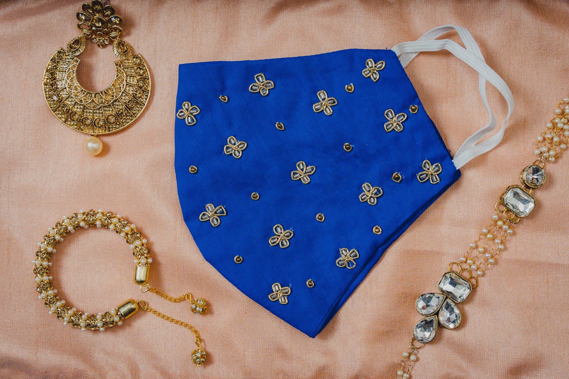 Royal Blue Cotton Face Mask with Floral Embroidery - Breathable & Reusable for Daily Wear, Travel, and Outdoor Activities