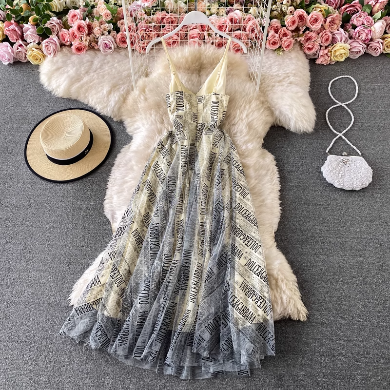 Vintage Letter Printed Mesh Spaghetti Strap A-Line Summer Dress - Perfect for Beach Vacations, Date Nights & Casual Outings