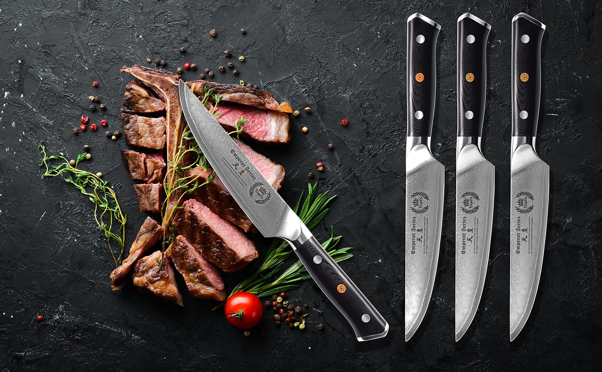 Premium 4-Piece Steak Knife Set - 5 Inch Damascus Steel Blades with AUS-10V High Carbon Steel & Ergonomic G-10 Garolite Handle - Perfect for Fine Dining, BBQ Parties, and Meat Lovers