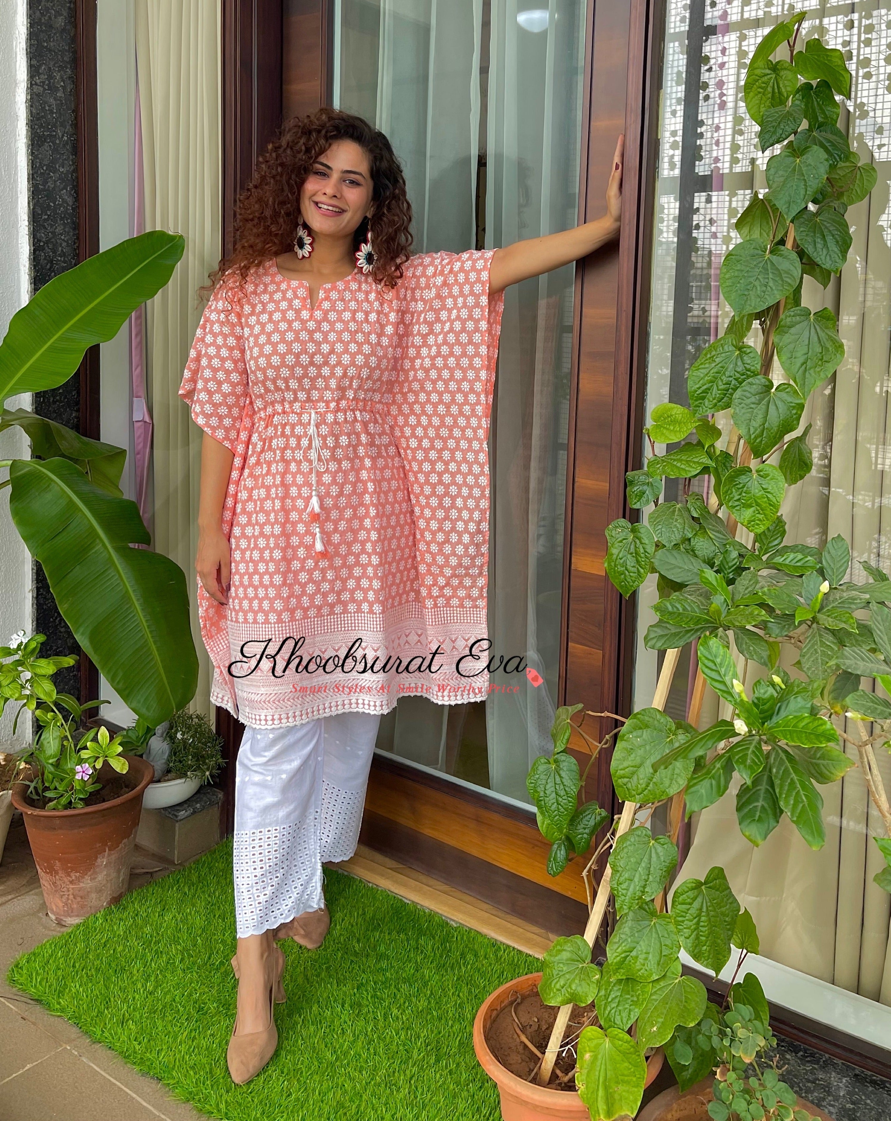 Elegant Peach Embroidered Kaftan and Pants Set - Boho Chic Loungewear for Women - Perfect for Beach Cover-ups, Summer Vacations & Relaxing at Home