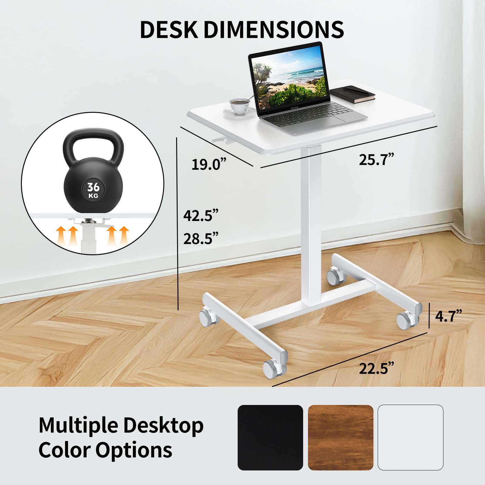 YSSOA Adjustable Height Mobile Standing Desk with Lockable Wheels - Portable Sit Stand Laptop Table Computer Workstation for Home Office, Small Spaces & Dorm Rooms - White
