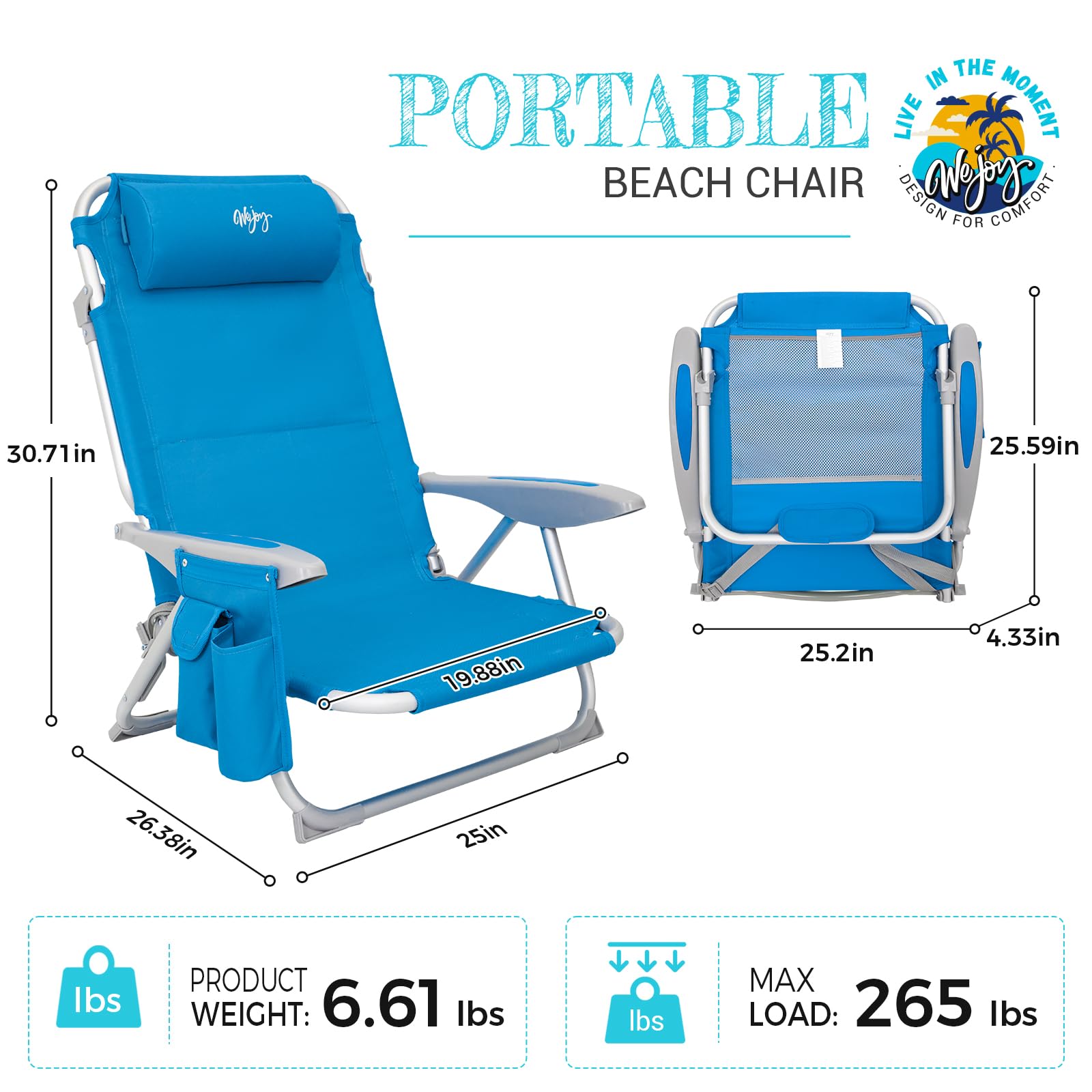 WEJOY 4-Position Folding Beach Chair for Adults - Lightweight Aluminum Frame with Shoulder Strap, Cup Holder & Padded Headrest - Supports 265lbs - Perfect for Beach, Poolside, Camping & Backyard Relaxation (Blue, 2-Pack)