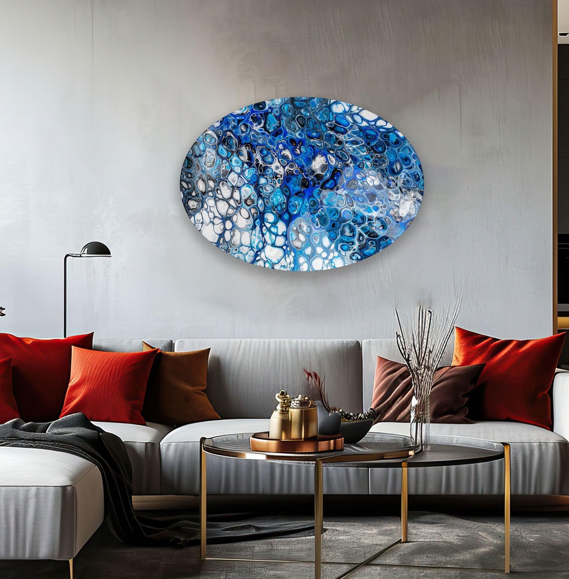 Asymmetrical Oval Stained Navy Blue Glass Wall Art - Handmade Modern Home Decor for Living Room, Bedroom & Office - Unique Abstract Glass Wall Hanging for Contemporary Interior Design