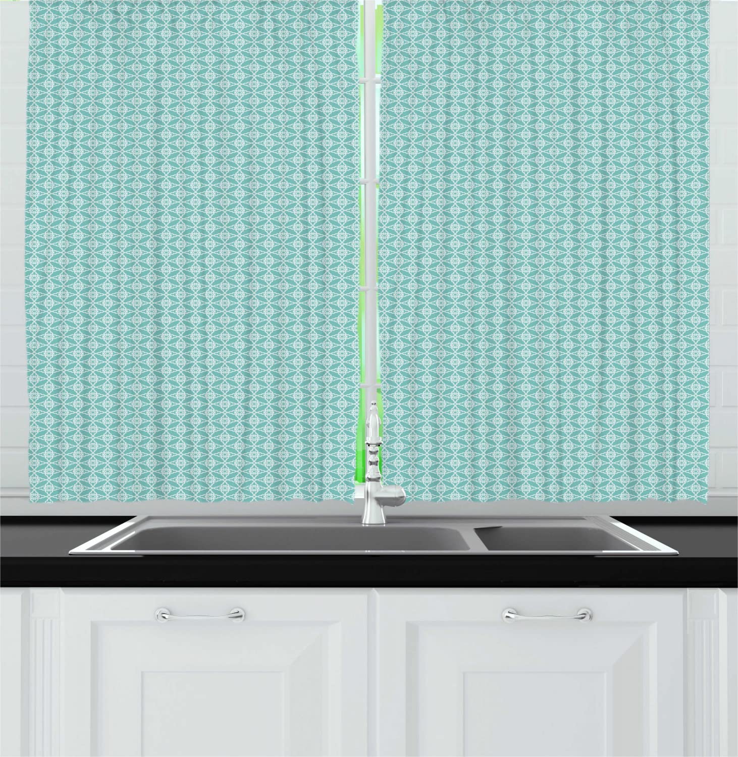 Ambesonne Art Deco Long Kitchen Curtains - Oriental Style Repeating Curlicue Circular Pattern Drapes with Rod Pocket, 55
