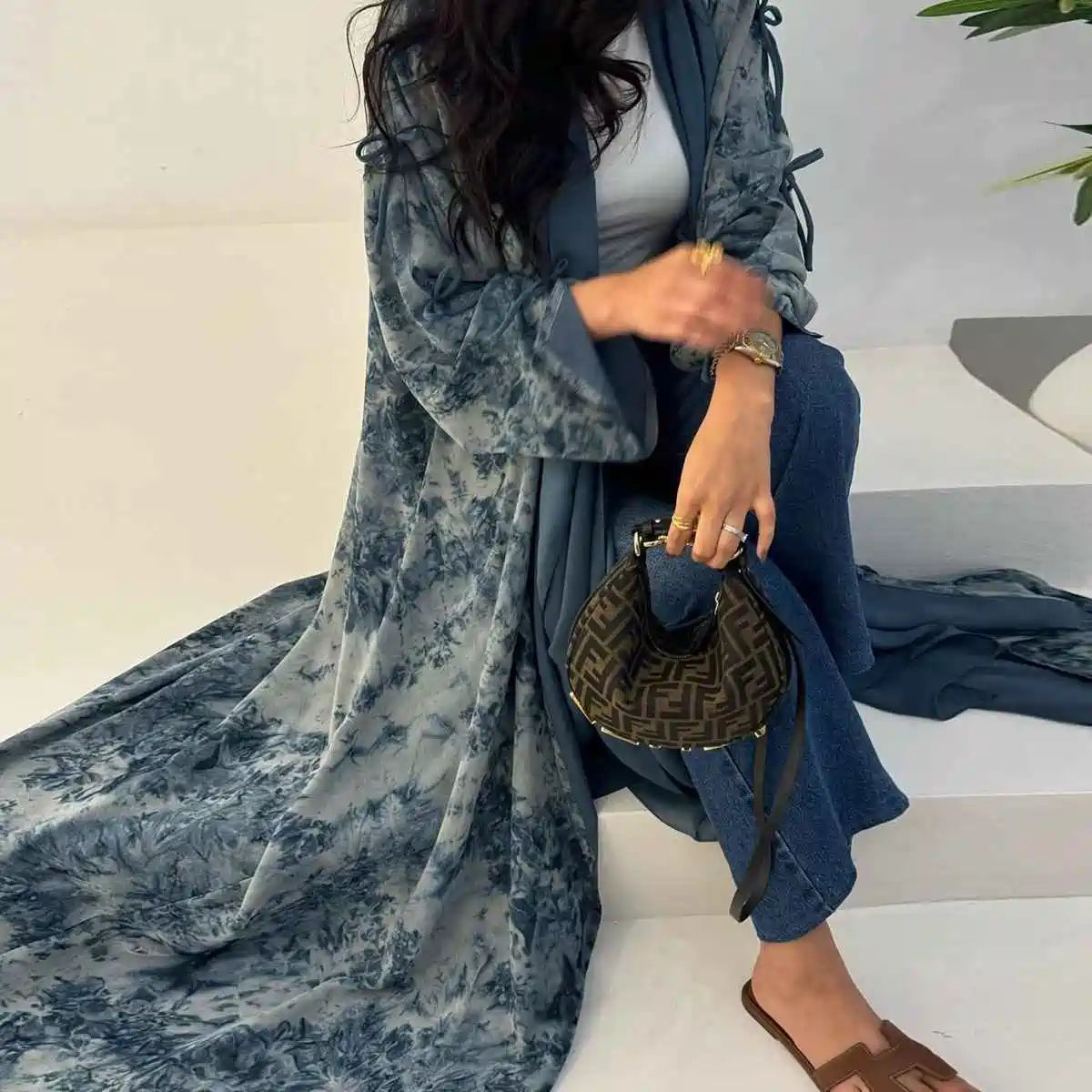 Elegant Printed Chiffon Hijab Cardigan Open Abaya Dress #25181 - Perfect for Modest Fashion, Prayer, and Special Occasions