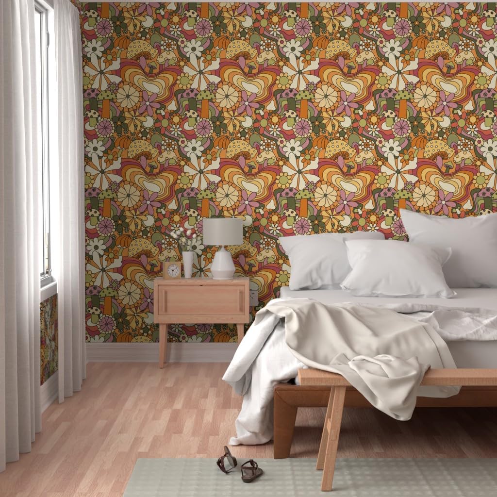 12ft x 2ft Removable Peel & Stick Wallpaper - Groovy Mushroom Garden Design | Self-Adhesive Wall Decor for Bedroom, Nursery & Living Room | Easy DIY Home Renovation by Spoonflower