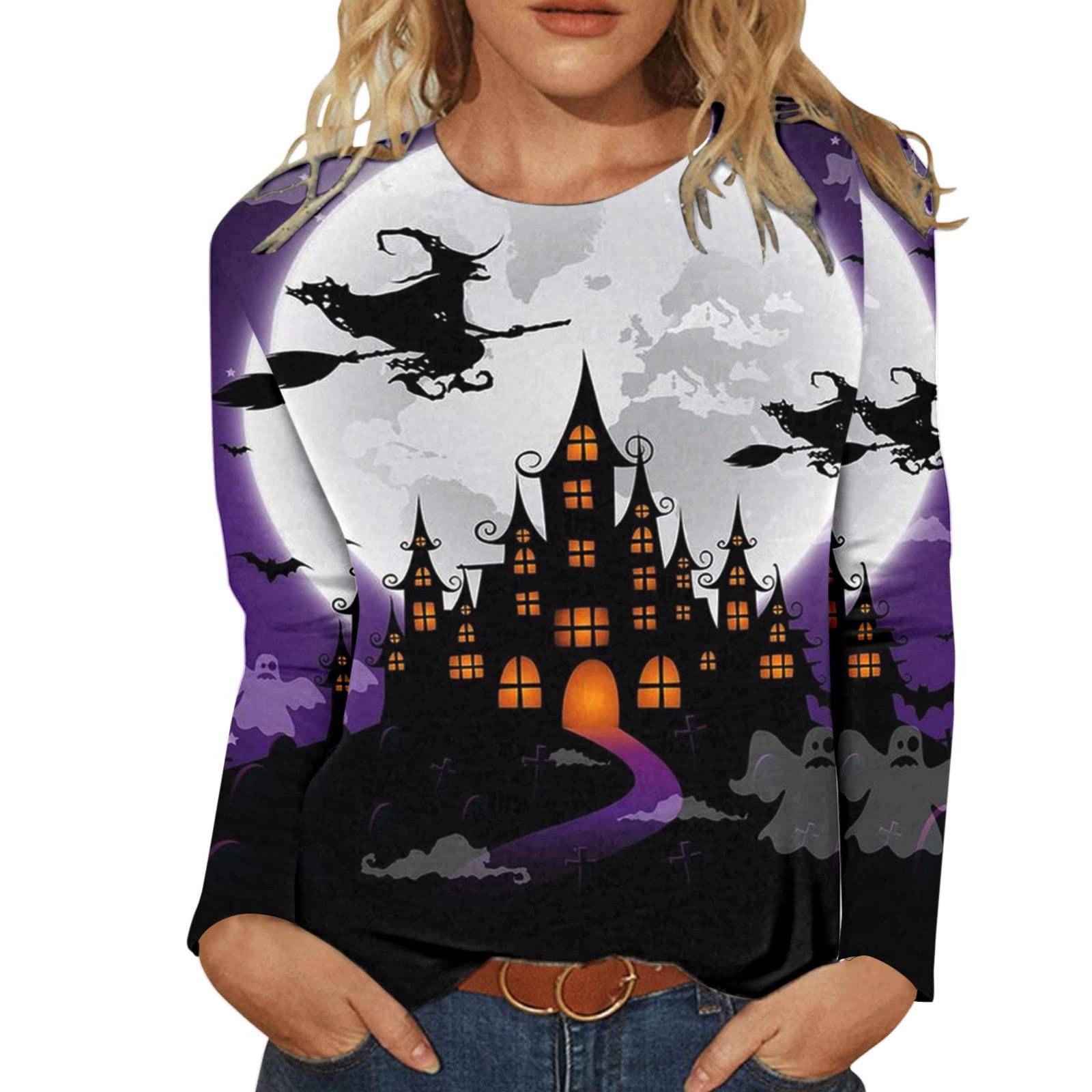 DGTVVR Women's Long Sleeve Workout Shirts - Halloween Casual Fashion Printed O-Neck T-Shirt for Gym, Yoga & Everyday Wear