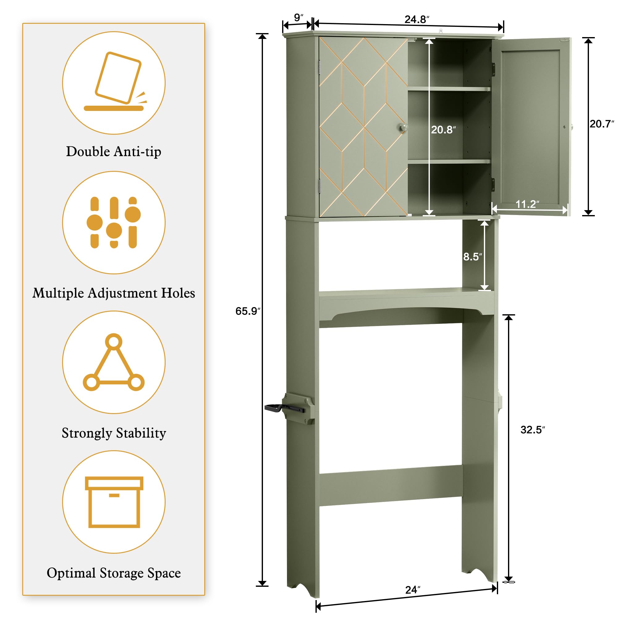 Modern Over The Toilet Storage Cabinet with Gold Trim - Adjustable Shelves & Toilet Paper Holder - Bathroom Organizer for Small Spaces (Green) - Perfect for Apartment, Dorm & Compact Bathrooms