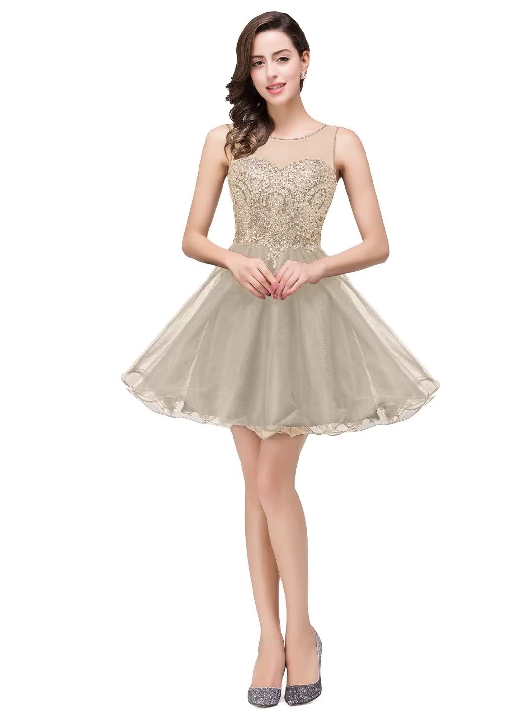 MisShow 2024 Women's Elegant Crystal Applique Cocktail Dress - Short Sleeve Prom & Homecoming Party Gown for Evening Events, Wedding Guest & Special Occasions