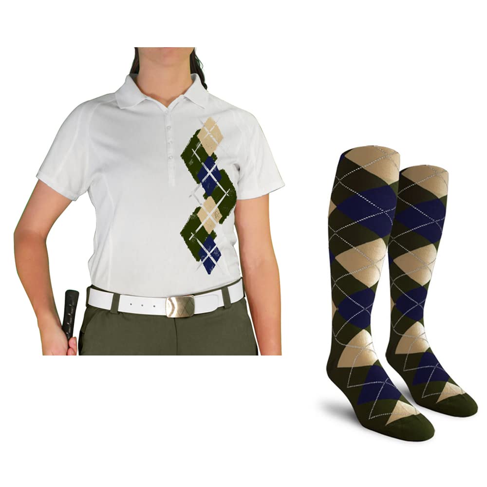 Dry Fit Short Sleeve Graphic Golf Polo Shirt with Socks for Women - Breathable Moisture-Wicking Performance Top & Comfortable Socks Set - Argyle Paradise Design (A-Z) - Perfect for Golfing, Tennis & Outdoor Activities
