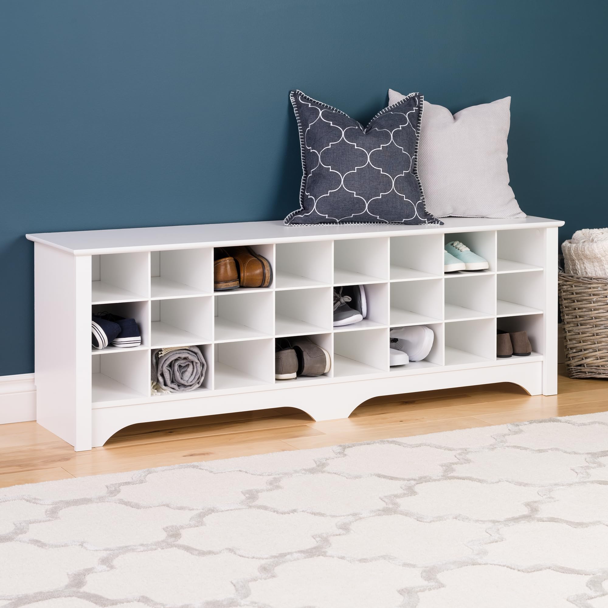 White Hall Bench with Storage - 24-Shoe Cubby Entryway Bench, 15.5