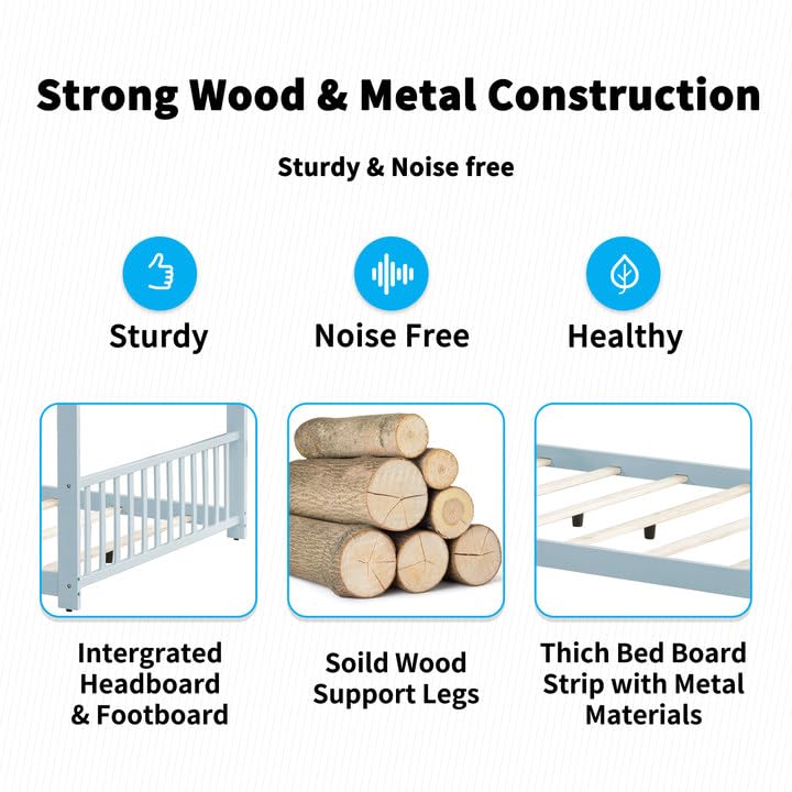 Montessori Floor Bed Full Size - Wooden House Bed Frame with Roof for Kids - Blue - Perfect for Boys & Girls Bedrooms, Playrooms & Montessori Learning Spaces
