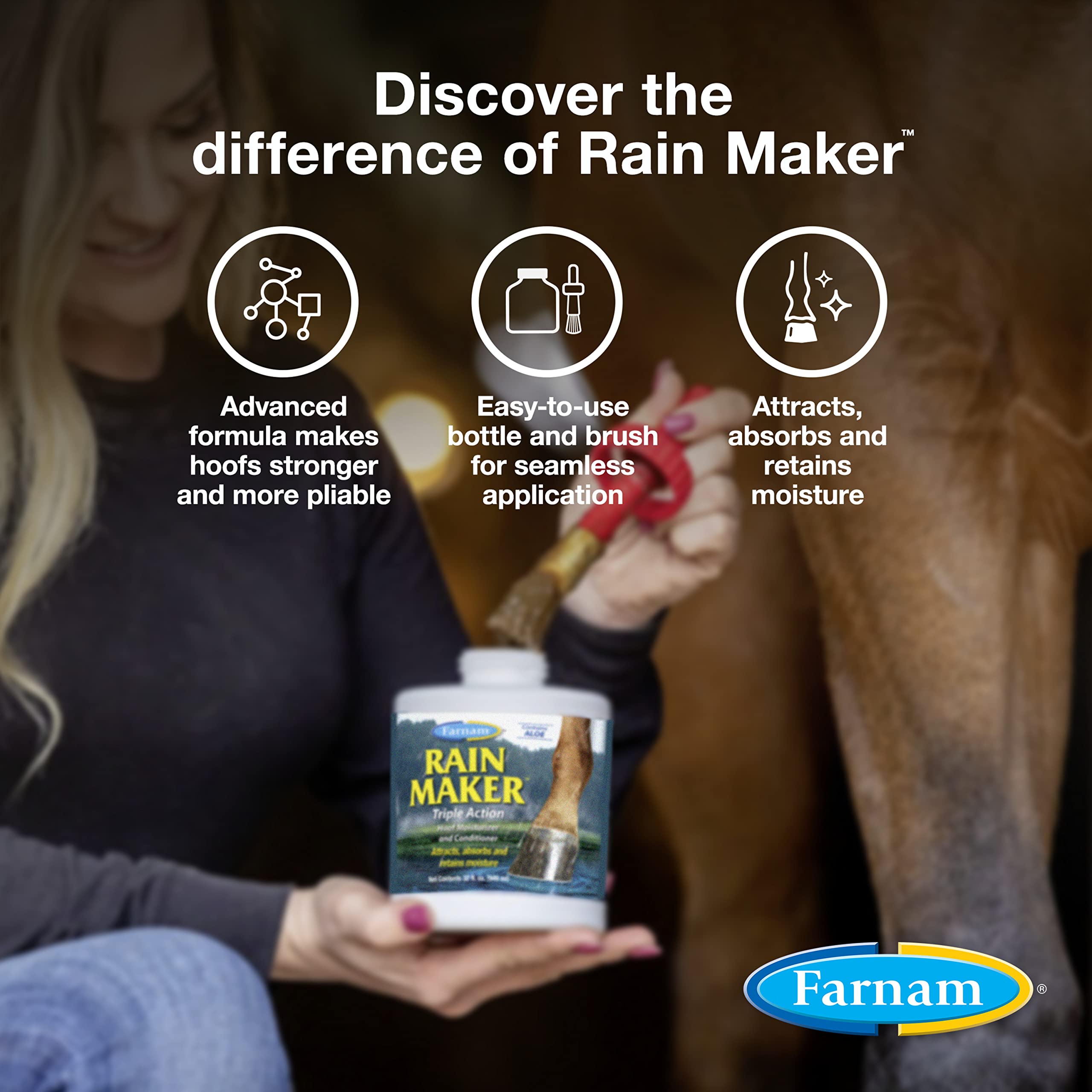 Farnam Rain Maker Triple Action Hoof Oil for Horses - Moisturizing Hoof Conditioner with Aloe Vera | Attracts, Absorbs & Retains Moisture | 32 oz | Ideal for Dry, Cracked Hooves & Winter Care