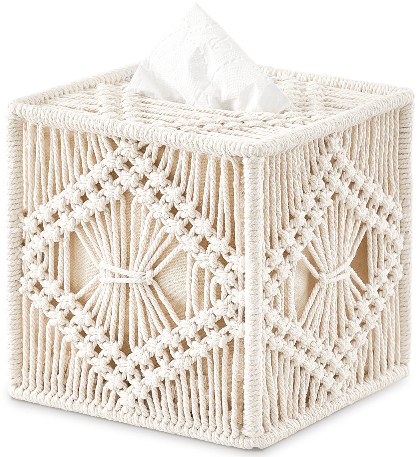 Handmade Macrame Tissue Box Cover - Boho Square Open-Bottom Tissue Holder, Woven Bohemian Decor for Bathroom, Bedroom, Dresser, Living Room, Office & Dorm | Perfect for Home Decor, Gift Giving & Organizing Spaces