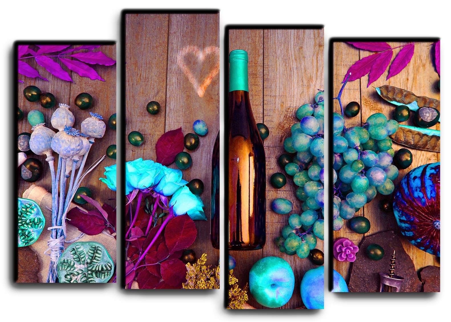 4-Piece Wine Bottle Wall Art Canvas Print Set - Kitchen & Dining Room Decor - Still Life Flower Painting Poster (32x44 Inches) for Home, Bar, Restaurant & Office Wall Decoration