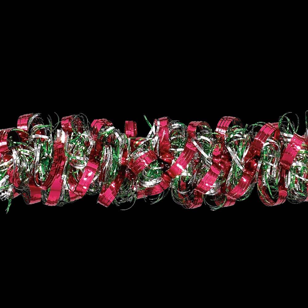 12' Deluxe Red, Green and Silver Angel Hair Tinsel Garland - Christmas Tree Decorations, Holiday Party Supplies, Festive Home Decor for Xmas & New Year Celebrations