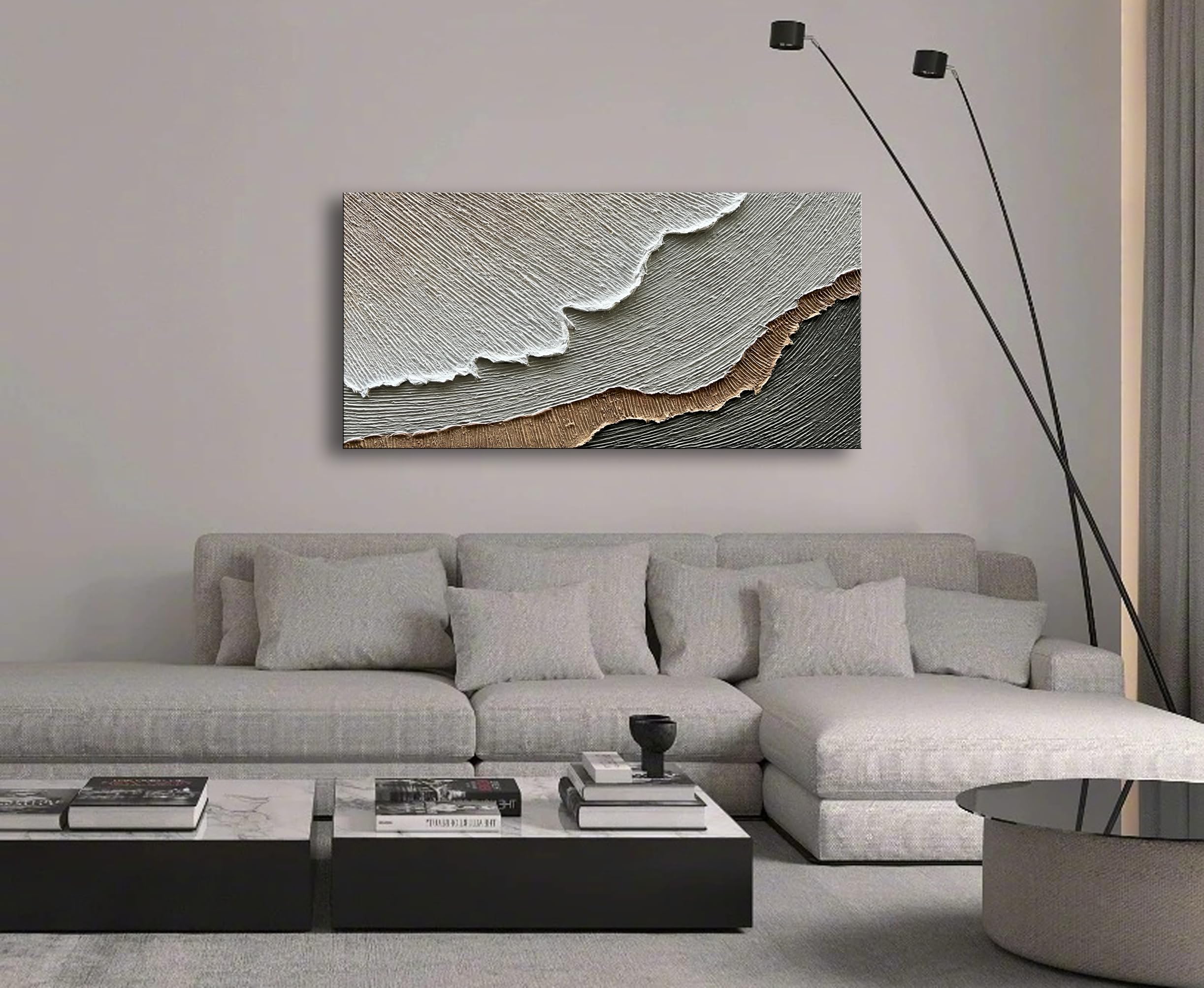 Hand-Painted Thick Texture Abstract Beach Wave Landscape Oil Painting - 24x48 Inch Wall Art for Living Room, Bedroom & Office Decor | NANKAI Premium Home Decoration