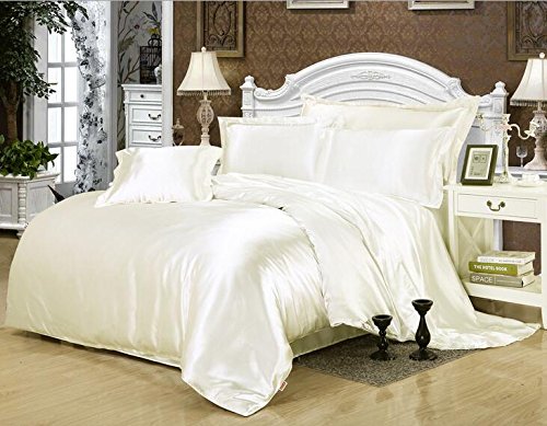 Luxury 100% Mulberry Silk Bedding Set - Queen Size White Duvet Cover, Pillowcases & Sheets - Soft Breathable for Comfortable Sleep - Perfect for Master Bedroom, Hotel & Gift