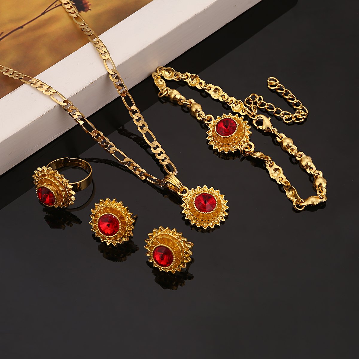 Ethiopian Gold Jewelry Set - Handmade Flower Earrings, Pendant & Ring with Genuine Stone - African Habesha Nigerian Jewelry for Weddings, Parties & Cultural Celebrations