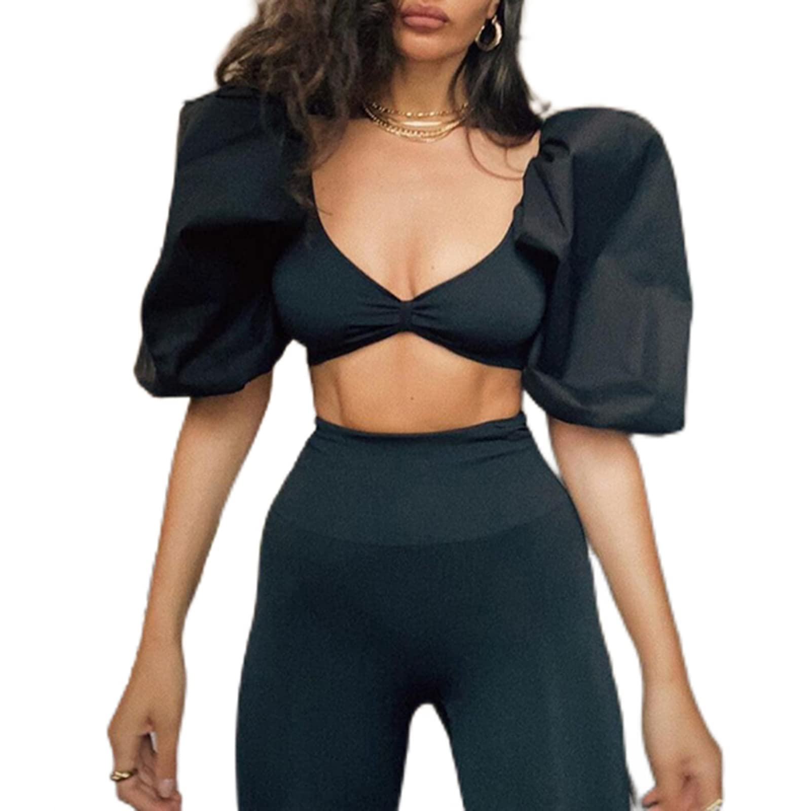 Women's Solid Color Deep V-Neck Short Puff Sleeve Low-Cut Crop Blouse Tops for Summer - White & Black, Sizes S/M/L - Perfect for Beach Outings, Date Nights & Casual Summer Wear
