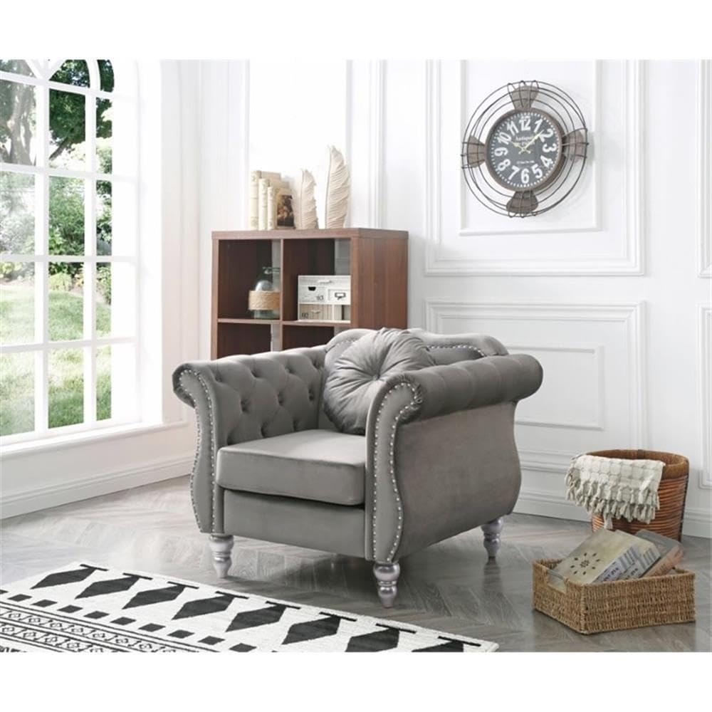 Luxury Hollywood Velvet Chair - Dark Gray Upholstered Accent Chair for Living Room, Bedroom & Office - Modern Tufted Lounge Chair with High Back for Home Decor