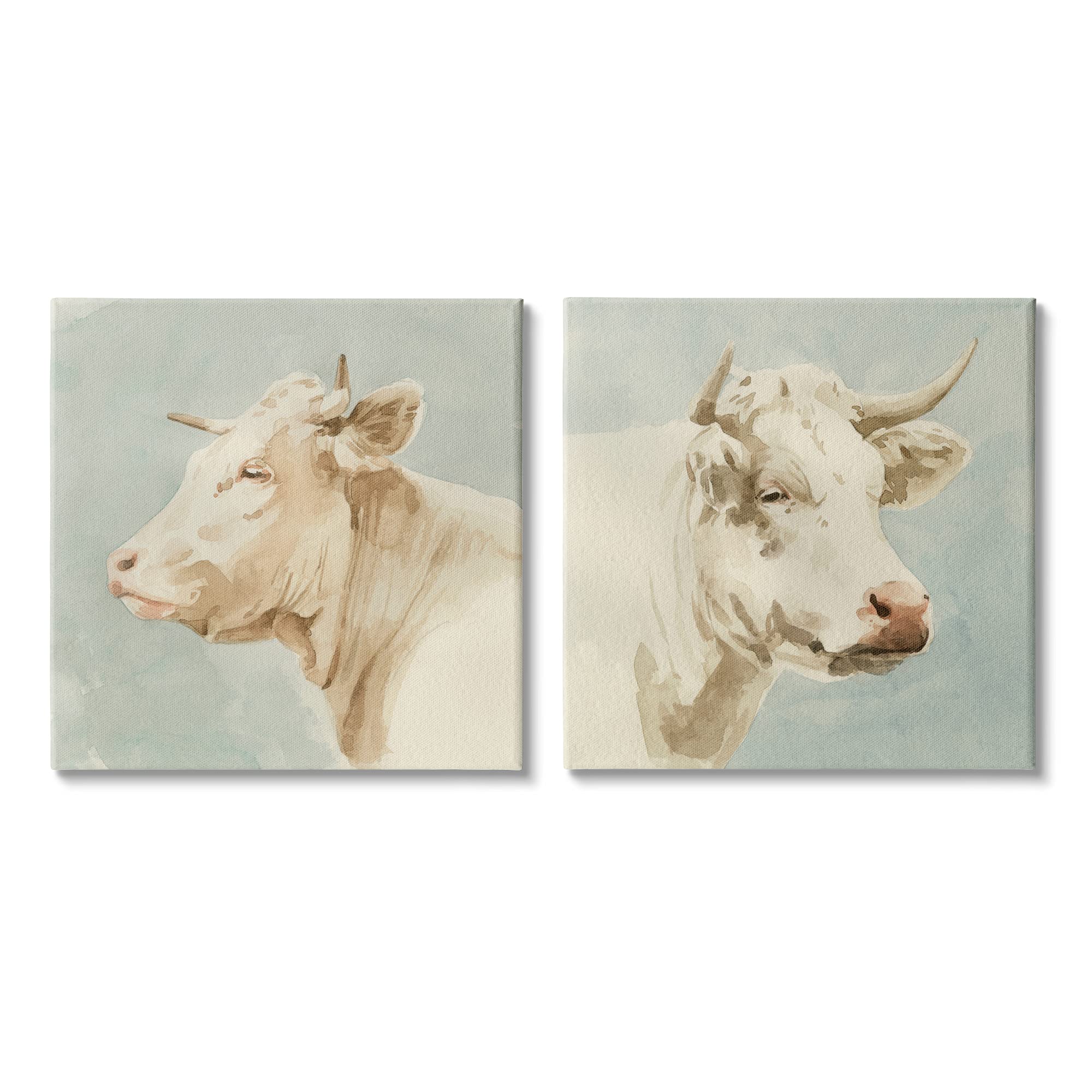 Vintage Farm Cattle Cows Watercolor Portrait Wall Art - Beige & Blue Canvas Painting by Emma Caroline, 2-Piece Set (24x24 Inches Each) - Perfect for Farmhouse Decor, Country Living Room, or Rustic Kitchen Wall Art