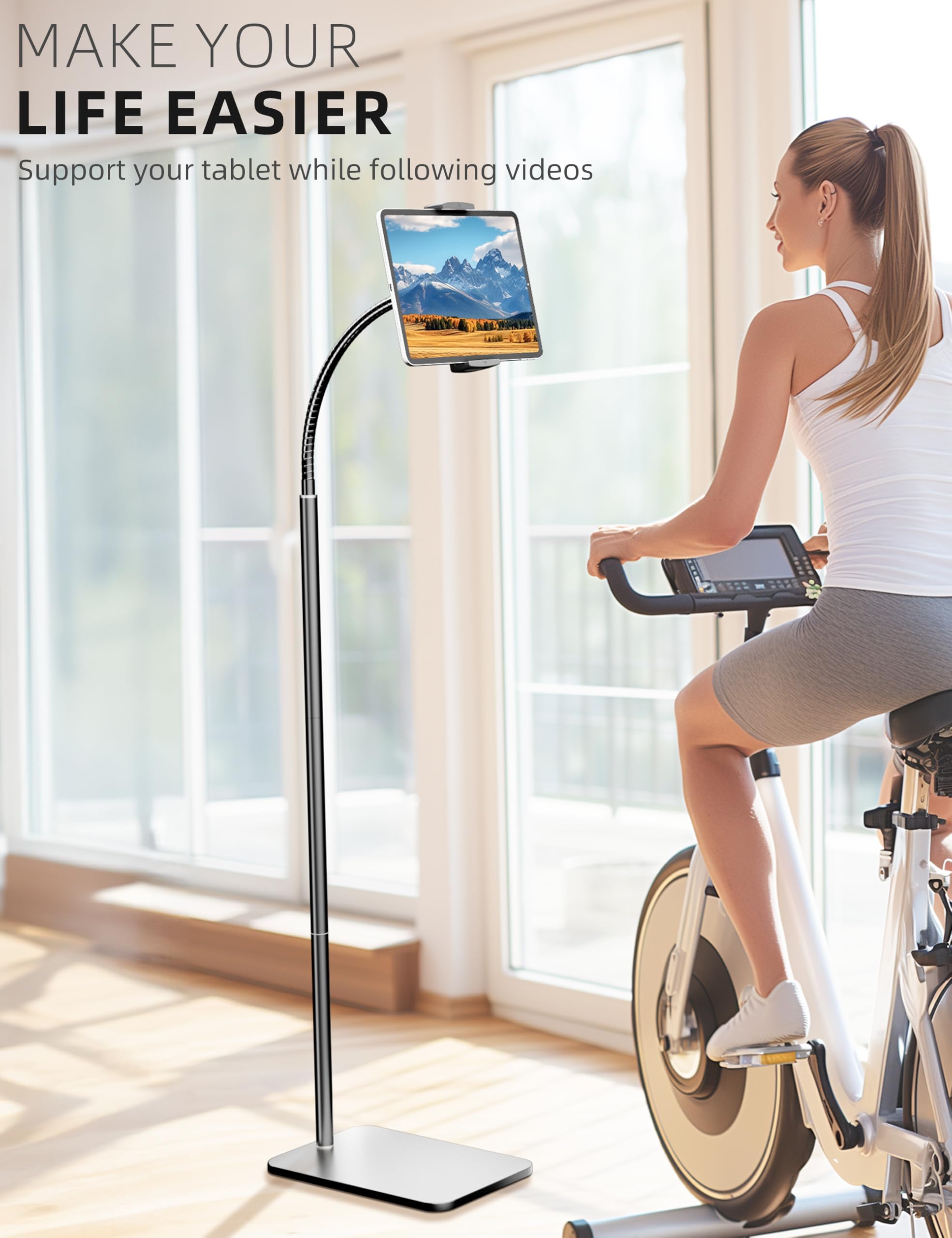 Adjustable Metal Floor Stand for iPad & Tablets (4.7''-13'') - Flexible Gooseneck Holder Compatible with Kindle, Smartphones - Perfect for Hands-Free Watching, Reading & Video Calls