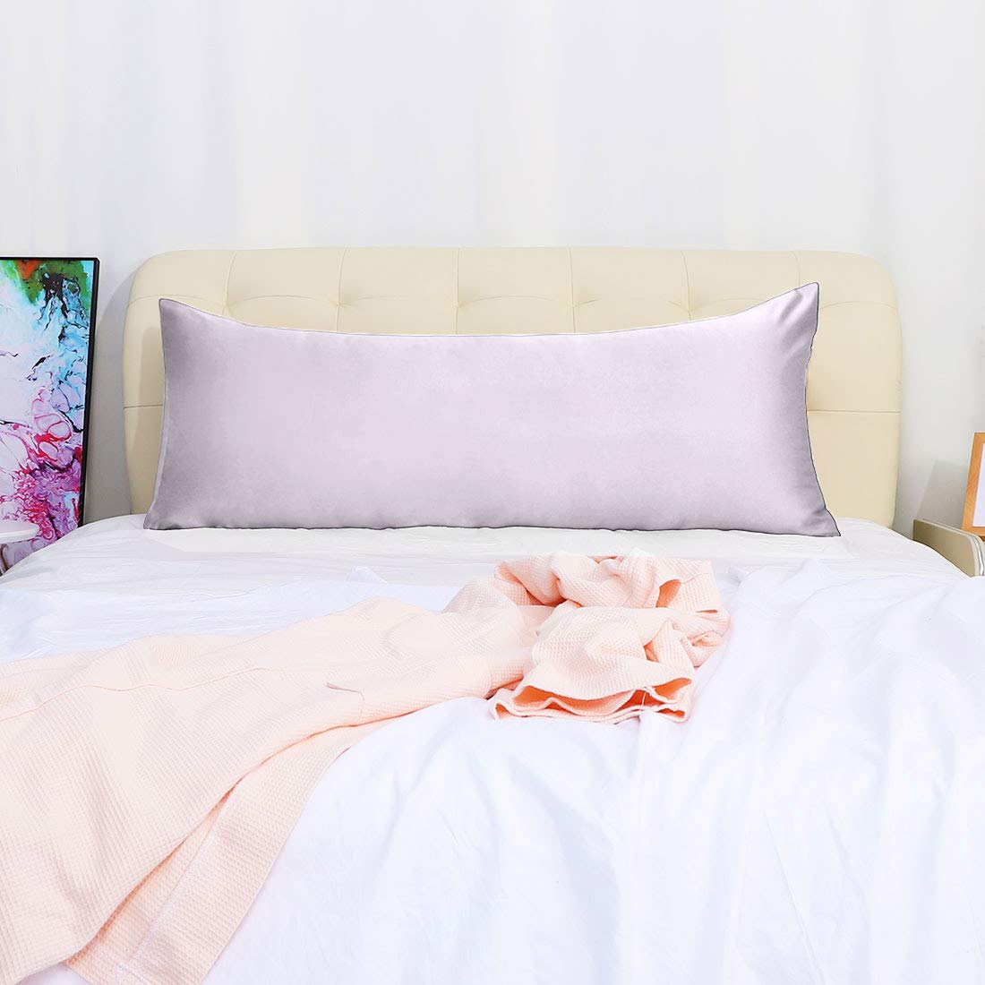 Luxury Cooling Silky Satin Body Pillow Cover 20x72 Inch - Light Lilac Anti-Wrinkle Pillowcase for Hair & Skin Care - Perfect for Sleeping, Travel, and Home Comfort