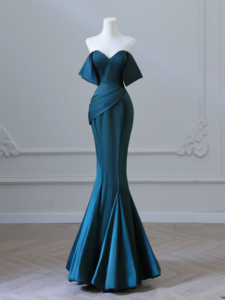 Elegant Off Shoulder Satin Ink Blue Long Prom Dress - Formal Evening Gown for Homecoming, Ball, Wedding & Special Occasions