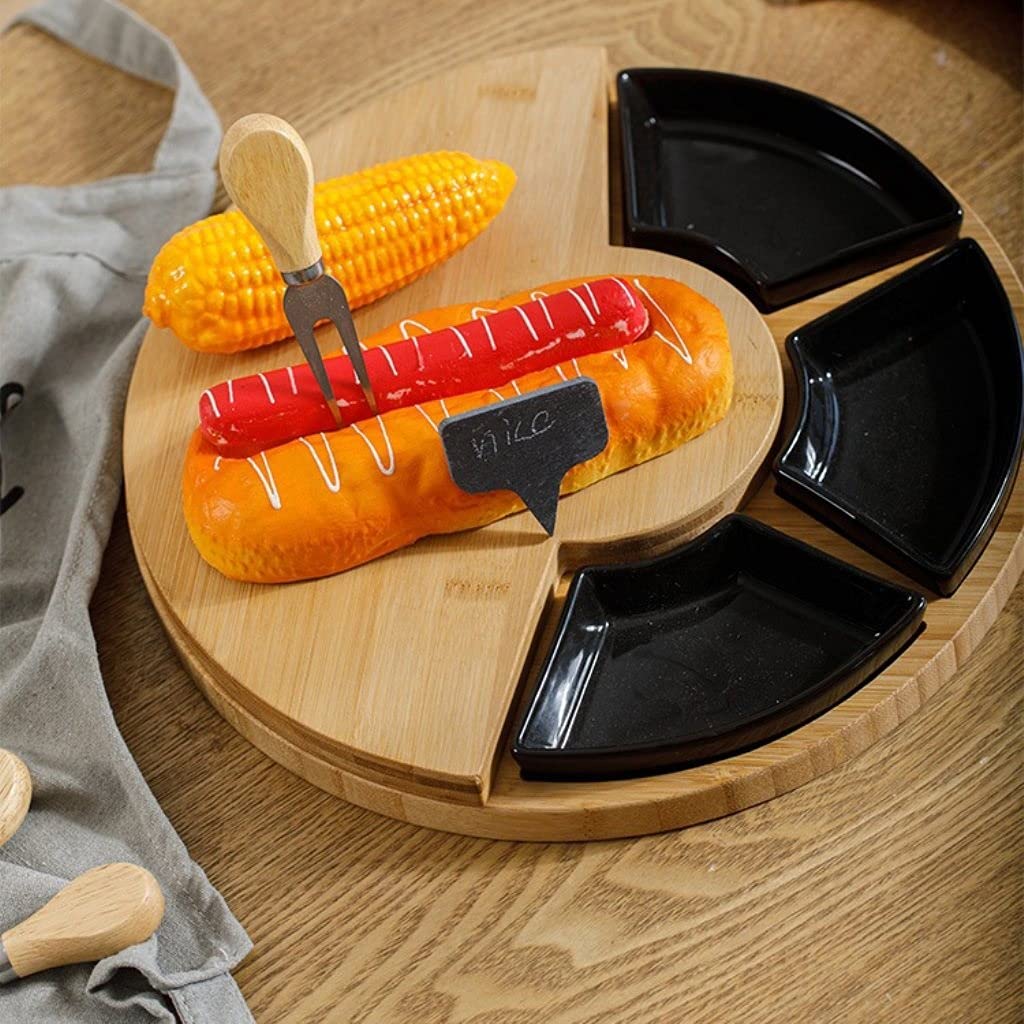 Premium Bamboo Charcuterie Board Set with 4 Stainless Steel Knives & 3 Ceramic Bowls - Elegant Cheese Platter for Entertaining, Pizza Serving, Candy Display, Bread & Biscuits - Perfect for Parties, Weddings & Holiday Gatherings (Black)