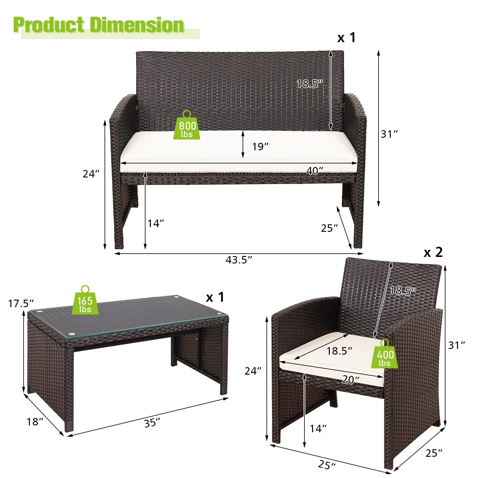RELAX4LIFE 4-Piece Outdoor Patio Furniture Set with Cushions - Wicker Conversation Set Includes 2 Chairs, Loveseat & Tempered Glass Coffee Table - White Garden Furniture for Backyard, Porch, Poolside & Outdoor Entertaining