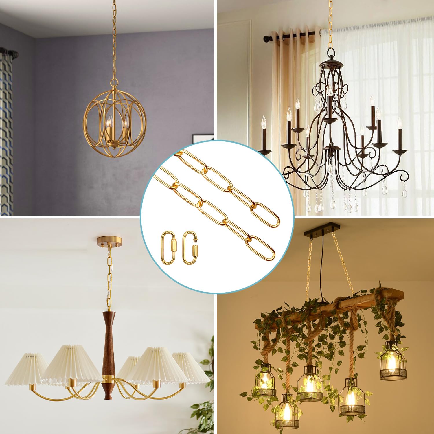Helunsi 6FT Gold Metal Chandelier Chain - Heavy Duty Hanging Light Fixture Extension with Secure Link Lock for Ceiling Pendant Lamps - Perfect for Dining Room, Bedroom & Living Room Lighting Decor