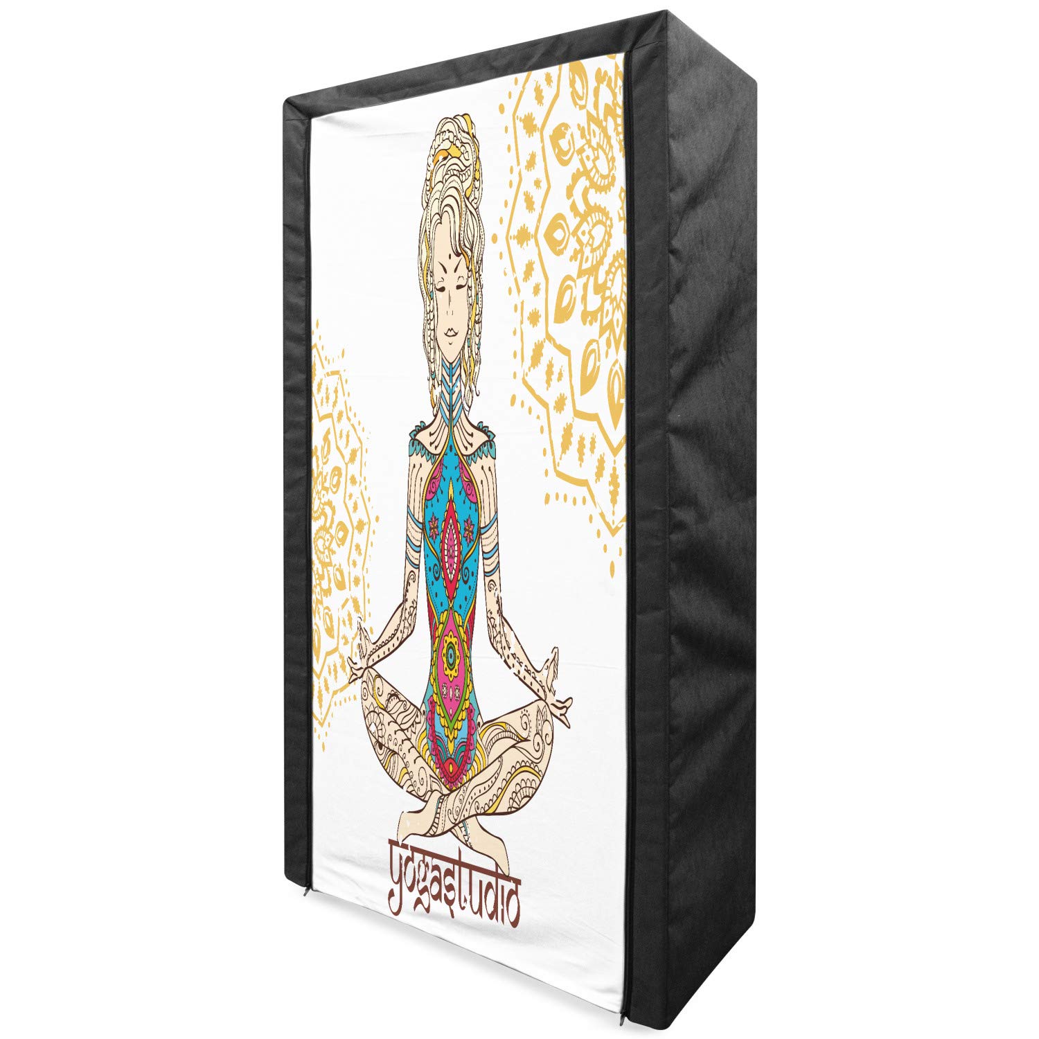 Ambesonne Colorful Portable Fabric Wardrobe - Yoga Girl Design with Physical Force Pattern, 33.5 Inch Clothing Organizer with Shelves for Bedroom, Closet & Dorm Storage | Multicolor | Perfect for Small Spaces & Travel