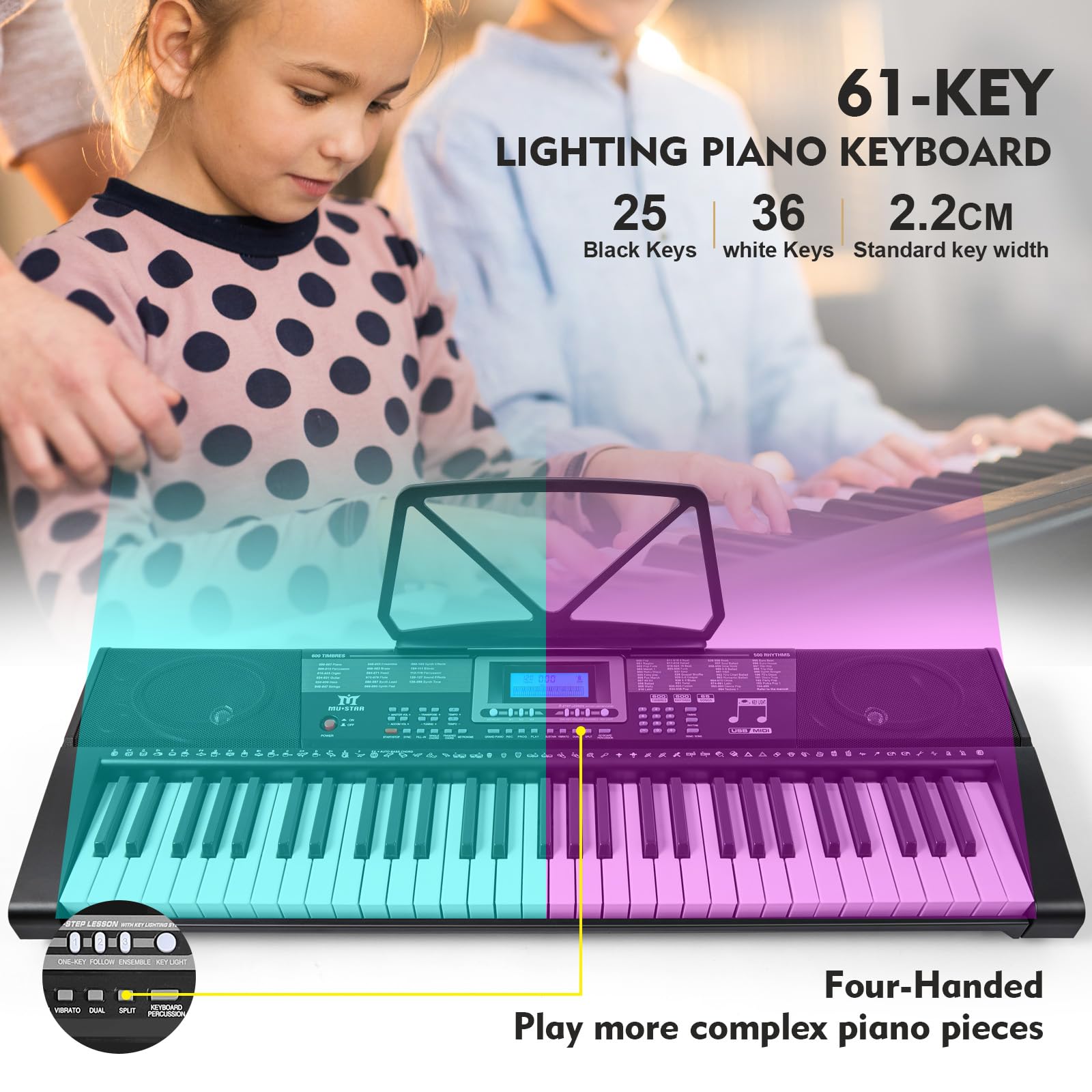 MUSTAR 61 Key Lighted Keyboard Piano - Portable Electric Piano with Stand, Sustain Pedal, Headphones & Microphone - Perfect for Beginners, Home Practice & Live Performances