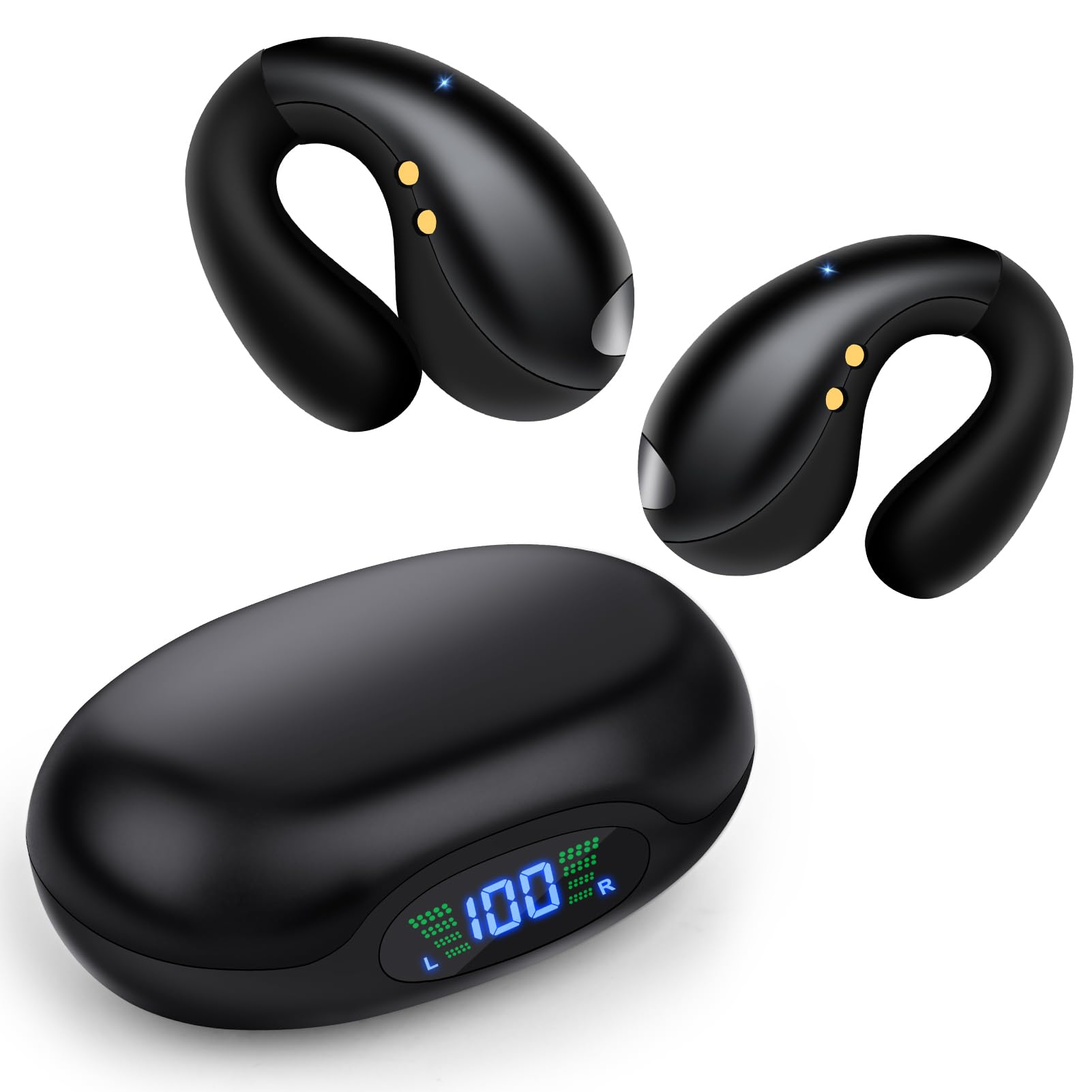 Open Ear Clip-On Wireless Bluetooth Headphones - Comfortable Secure Fit Sports Earbuds with Long Battery Life & Digital Display Charging Case (Black) - Perfect for Running, Gym Workouts & Outdoor Activities