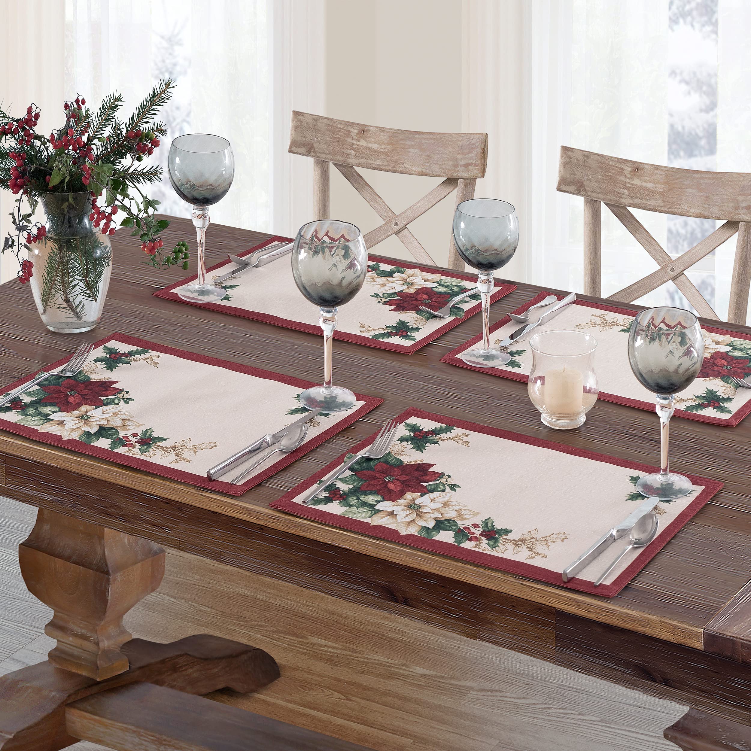 Newbridge Presley Red & White Poinsettia Christmas Fabric Placemats - Set of 4, Double Bordered Country Cottage Design, Easy Care & Stain Resistant - Perfect for Holiday Dining, Christmas Table Decor & Festive Gatherings