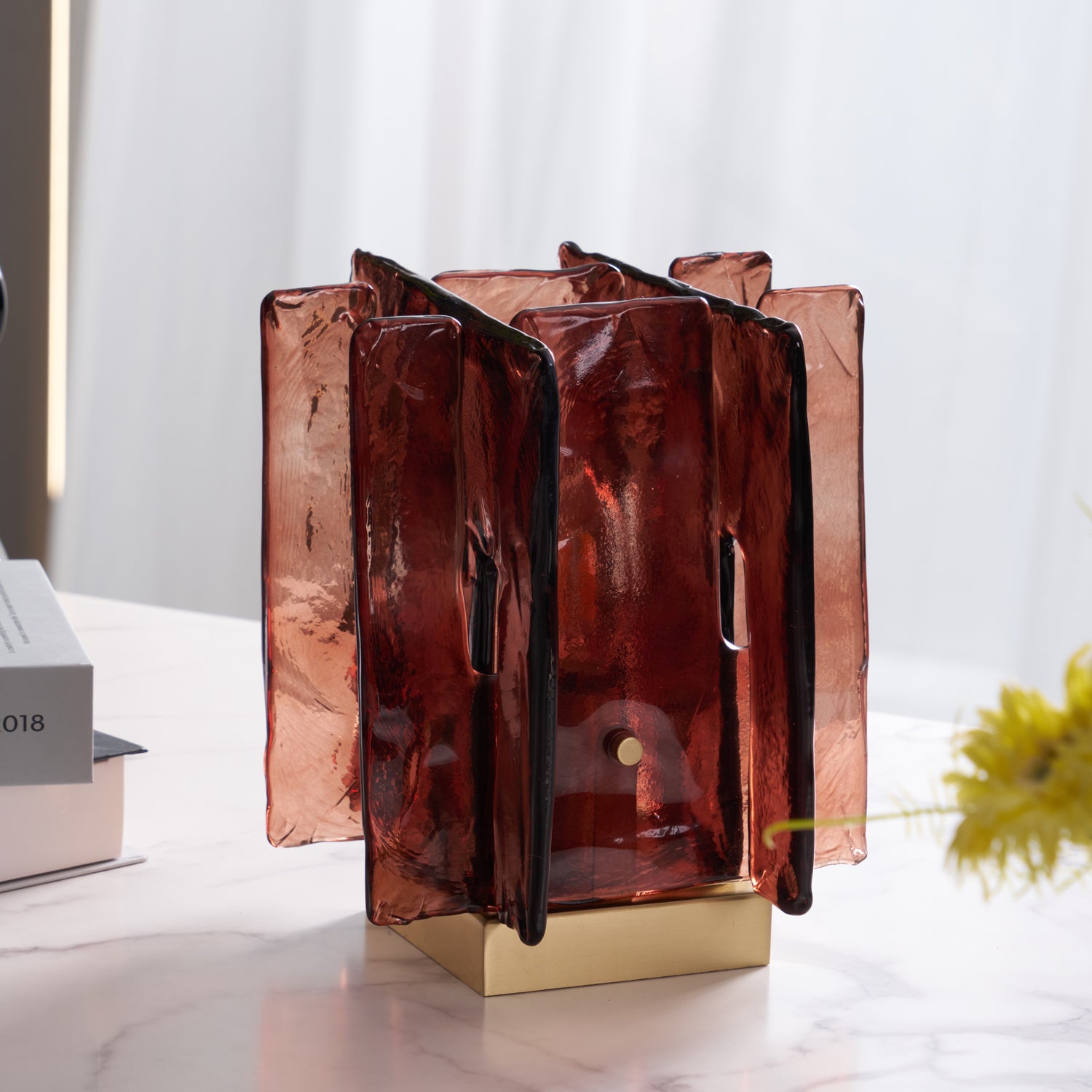Amber LED Table Lamp with Wooden Base - Modern Nightstand Light for Bedroom, Living Room, Office | Warm Glow & Dimmable for Cozy Ambience