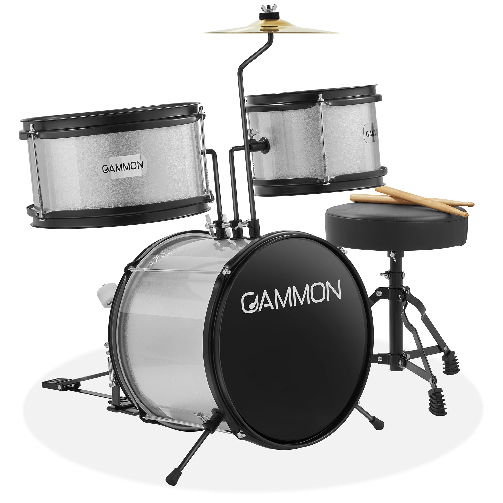 Gammon 3-Piece Junior Drum Set with Throne - Silver | Complete Beginner Drum Kit with Bass Drum, Toms, Cymbal, Pedal & Drumsticks | Perfect for Kids, Teens & First-Time Players | Home Practice, Music Lessons & Birthday Gifts