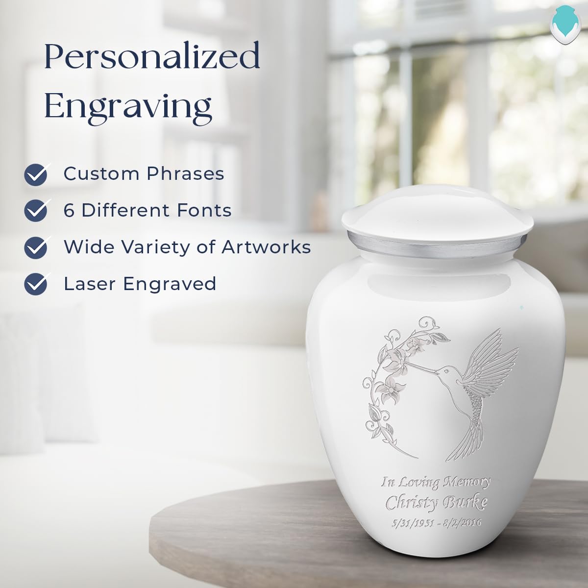 Personalized Hummingbird Cremation Urn for Adults - Large White Funeral Urn for Ashes with Double-Sided Engraving - Holds 200 lbs - Perfect for Memorial Services & Home Display