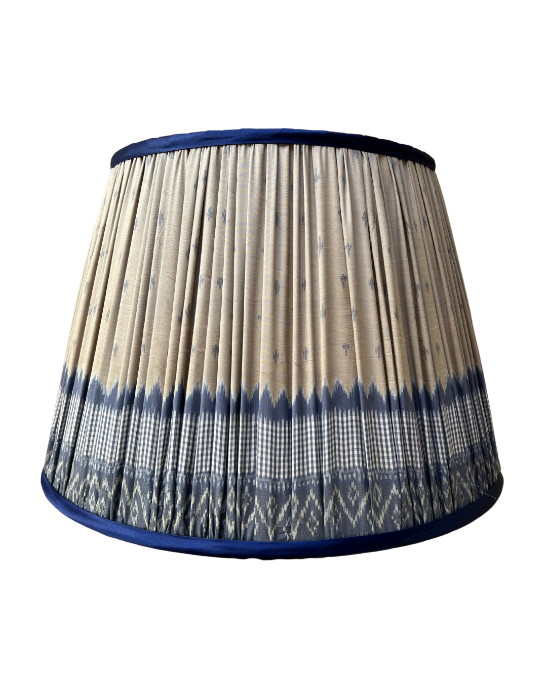 51cm Blue and Taupe Gingham Silk Sari Lampshade - Elegant Home Decor for Living Room, Bedroom & Boho Style Interior Design
