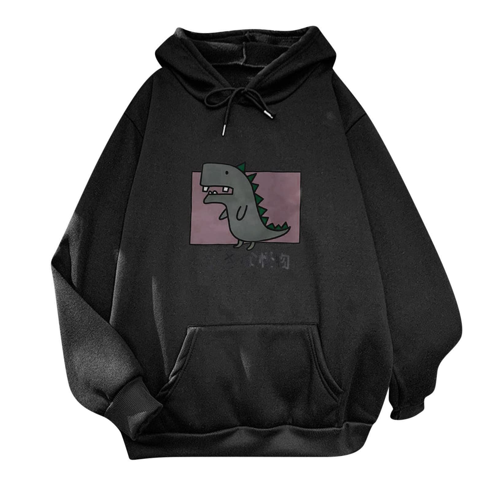 DIOMOR Women's Print Long Sleeve Hooded Sweatshirt - Solid Color Thick Fleece Hoodie with Pocket (Black) | Casual Wear, Street Fashion & Winter Outfits